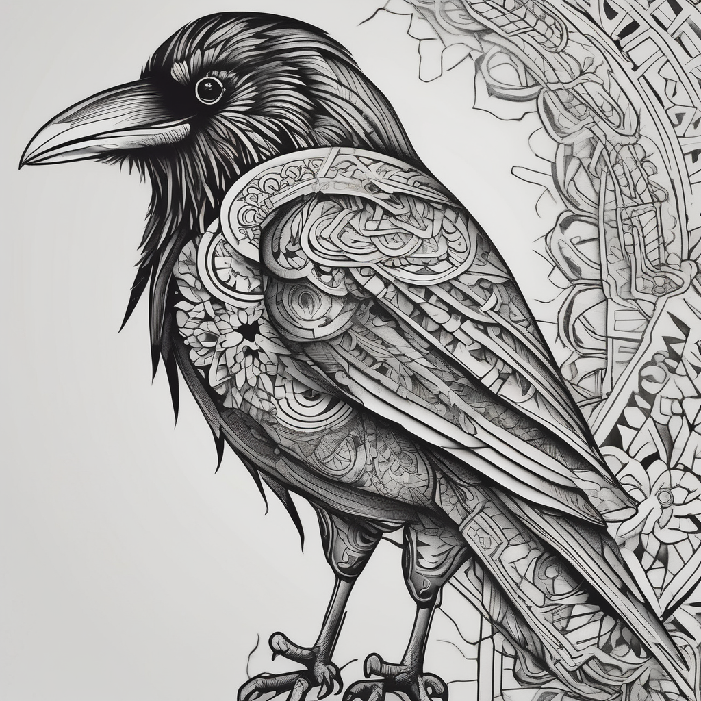 left arm tattoo of a raven on a branch surrounded by mandala hello kitty tattoo, design de tatouage Cartoon généré par IA